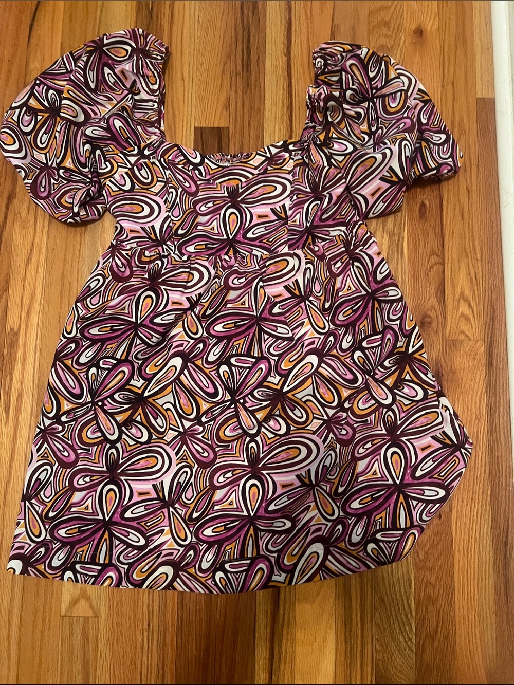 Joy Joy Pink, Purple & Black Abstract Puff-Sleeve Casual Dress